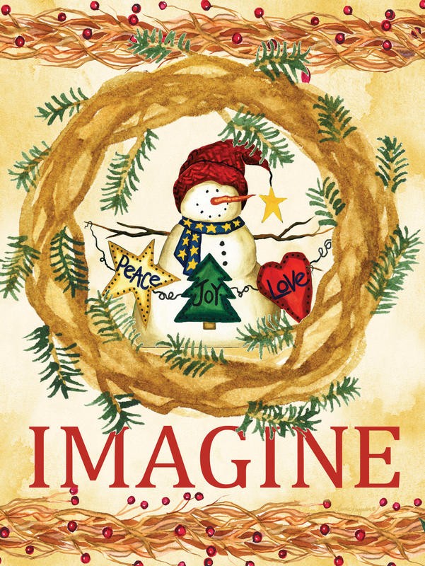 Laurie Korsgaden, IMAGINE (Weihnachten, Schneemann,Rebenkranz, Weihnachtskranz,  niedlich,  Winter, naiv, lustig, Wunschgröße, Malerei, Kinderzimmer, Treppenhaus, bunt)