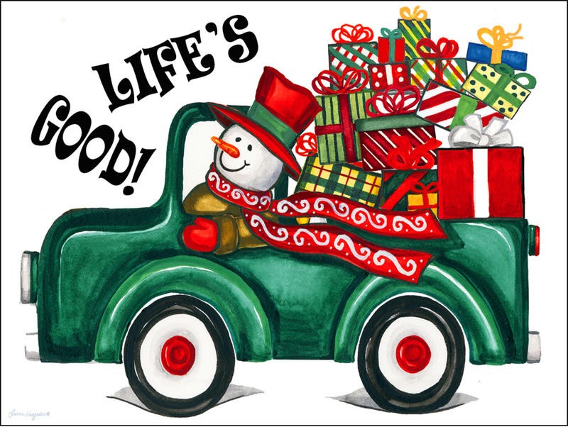 Laurie Korsgaden, LIFE´S GOOD (Weihnachten, Schneemann, Auto, Transport, Geschenke, niedlich, Winter, naiv, lustig, Wunschgröße, Malerei, Kinderzimmer, Treppenhaus, bunt)