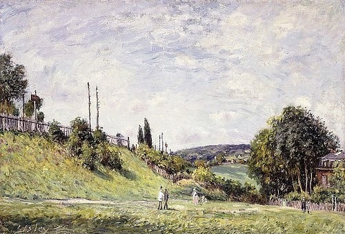 Alfred Sisley, Die Böschung an der Bahnstrecke in Sevres. 1879 (Landschaft, Landschaftsmalerei, Sommer, Bahndamm, Spaziergänger, Frankreich, Idylle, Wohnzimmer, Treppenhaus, Impressionismus, Klassische Moderne, Malerei, Wunschgröße, bunt)