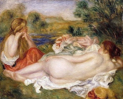 Pierre-Auguste Renoir, Zwei Badende. 1896 (Aktmalerei, Badende, Rückenakt Legende, Frau, Sonnenbad, Idylle, Weiher, Landschaft, Freizeit, Impressionismus, klassische Moderne, Wunschgröße, Wohnzimmer, Malerei)