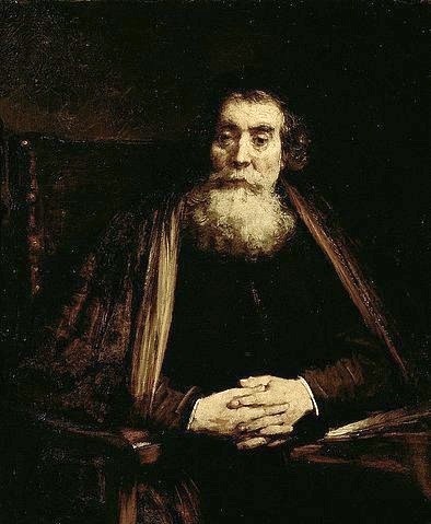 Rembrandt van Rijn, Porträt eines Greises, genannt der Rabbiner. 1665. (Rembrandt van Rijn,1606-1669,Florenz,Galleria degli Uffizi,Öl auf Leinwand,rembrandt,van rijn,niederländisch,mann,porträt,alt,bart,barock,hände,bildnis, Collection)