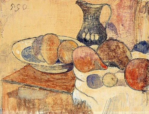 Paul Gauguin, Stillleben mit Krug und Früchten. Um 1899 (Gauguin,Paul,1848-1903,Christie's Images Ltd,Monotypie,19. Jahrhundert,Stillleben,Gouache und Aquarell,Paul Gauguin,Früchte,Obst,Wasserkrug,Krug,Schale,Tisch,Teller)