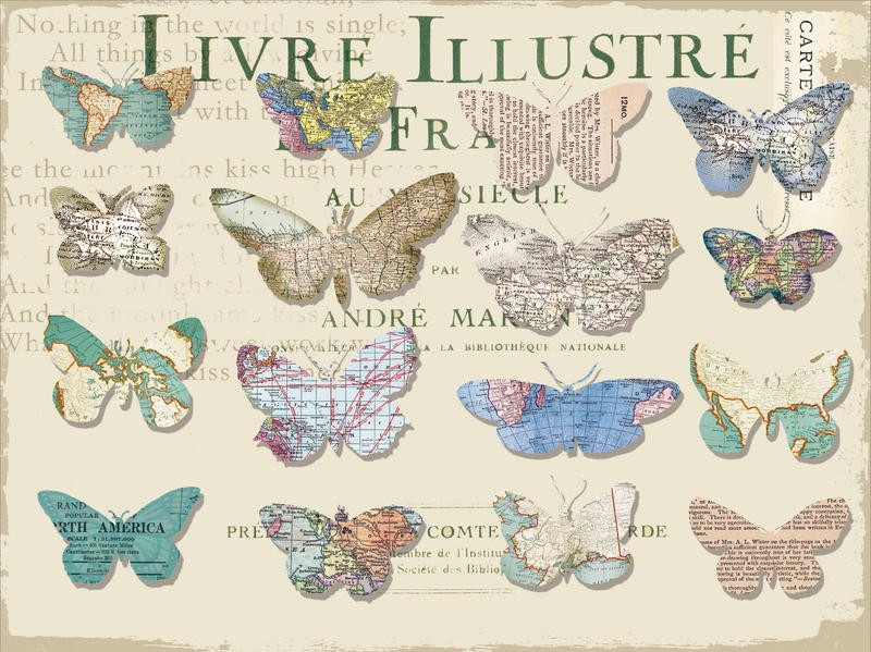 Ophelia & Co, BUTTERFLY MAPS I (Schmetterlinge, Landkarten, Vintage, Nostalgie, Grafik, Wunschgröße, Wohnzimmer, Treppenhaus, bunt)