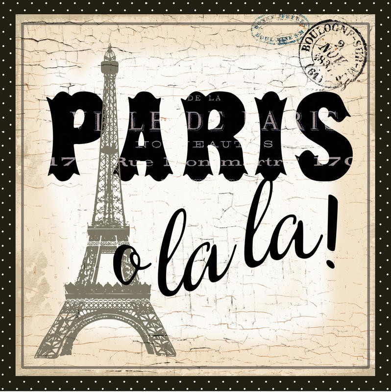 Ophelia & Co, PARIS O LA LA (Paris, Eiffelturm, Wahrzeichen, Symbol, Poststempel, Typologie, Nostalgie, Grafik, Wunschgröße, Wohnzimmer, Treppenhaus, sepia, grau/braun)
