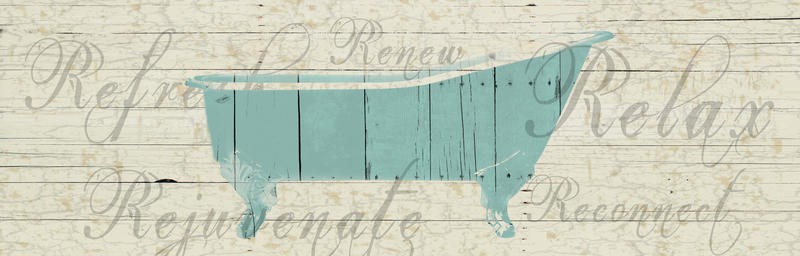 Sheldon Lewis, BATH BASICS II (Badewanne, Kalligrafie, Holz, Panel, Retro, shabby, Badezimmer, Treppenhaus, Wunschgröße, Grafik, beige/hellblau)