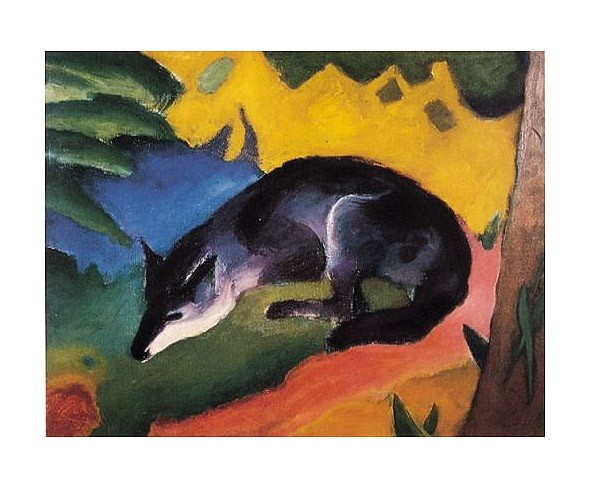 Franz Marc, Der blaue Fuchs (Malerei, Expressionismus, Fuchs,  schlafender Fuchs, Wald, klassische Moderne, Wohnzimmer, Schlafzimmer, Arztpraxis Treppenhaus, bunt)
