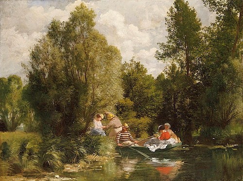 Pierre-Auguste Renoir, Der Teich bei Fees. / La Mare aux Fees. 1866. (Landschaft, Lanschaftsmalerei, Teich, Ruderer, Boot, Ausflug, Freizeit, Sommer, Impressionismus, klassische Moderne, Wunschgröße, Wohnzimmer, Malerei)