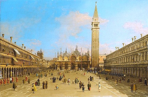 Canaletto (Giovanni Antonio Canal), Der Markusplatz in Venedig, Blick nach Osten. (18. Jahrhundert,Canaletto (Giovanni Antonio Canal),1697-1768,Öl auf Leinwand,Christie's Images Ltd,Canaletto,Giovanni Antonio Canal,Piazza San Marco,Markusdom,Platz,Perspektive,Staffage,Staffagefiguren,Platz,Stadtansicht,Venedig,Italien,Campanile,Turm,Arc)