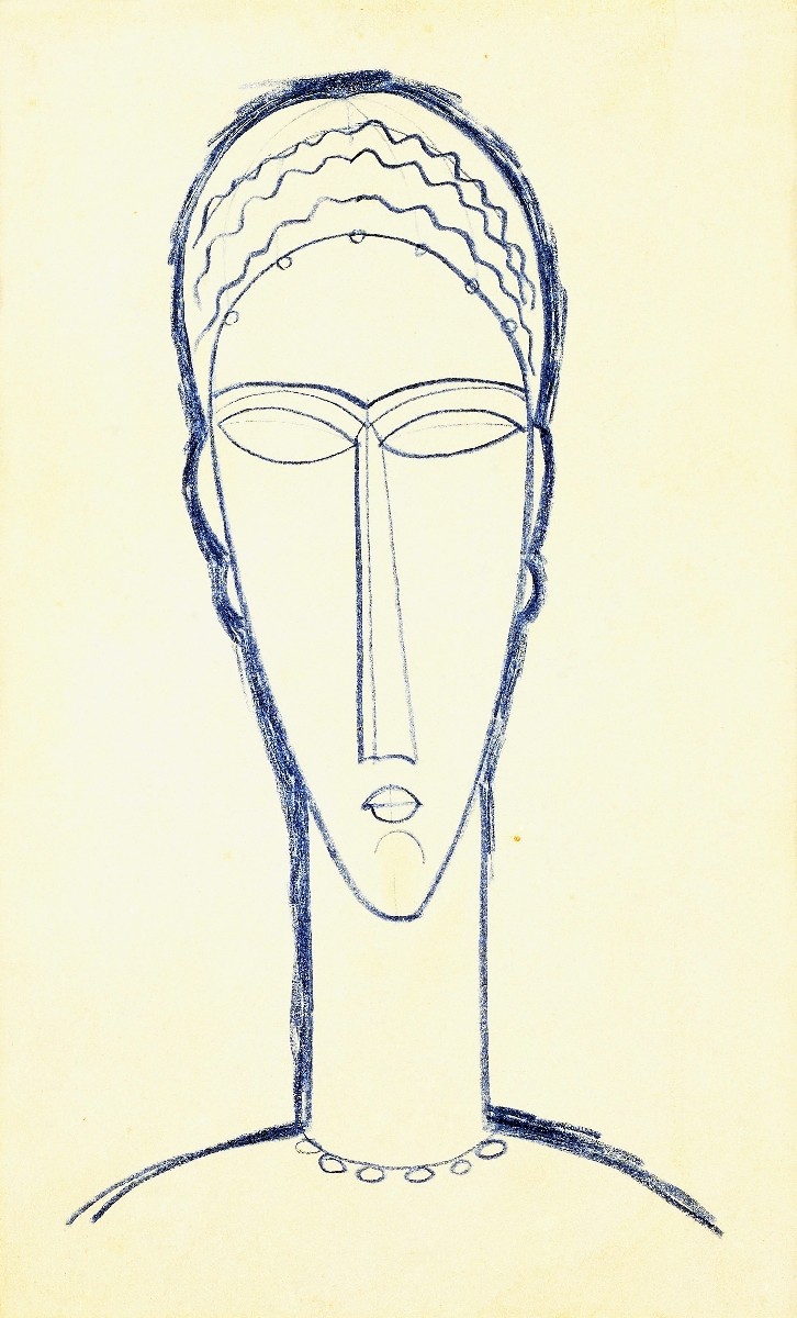 Konfiguration benutzen (Modigliani,Amadeo,1884-1920,Christie's Images Ltd,Wachskreide/Papier,19. Jahrhundert,Amedeo Modigliani,Kopf,Brustbild,Studie,Skizze,Zeichnung,Vorzeichnung,Frau,schmal,schmales Gesicht,Halskette,Haarschmuck,blau,reduziert,schlank,Kontur)