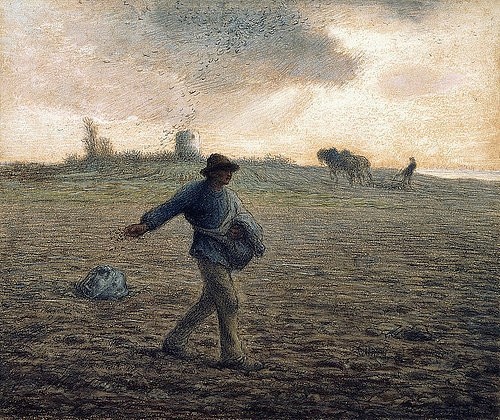 Jean-François Millet, Der Sämann (Le Semeur). (Bauerngenre, Landarbeit, mühsam, anstrengend, Feldarbeiter,  Feld, Sämann, Getreide, Körner, Realismus, Malerei, Wohnzimmer, Klassiker, Wunschgröße, bunt)