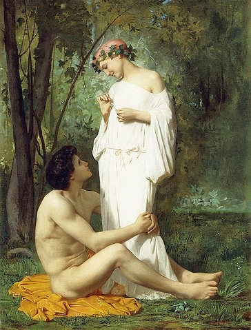 William Adolphe Bouguereau, Idylle. 1851-52 (Bouguereau,William Adolphe,1825-1905,Christie's Images Ltd,Öl auf Leinwand,19. Jahrhundert,William Adolphe Bouguereau,umarmen,Paar,Liebespaar,Liebe,Romantik,romantisch,Mann,Frau,männlicher Akt,zu ihr aufschauen,Flirt,flirten,Idylle,idyllisch)