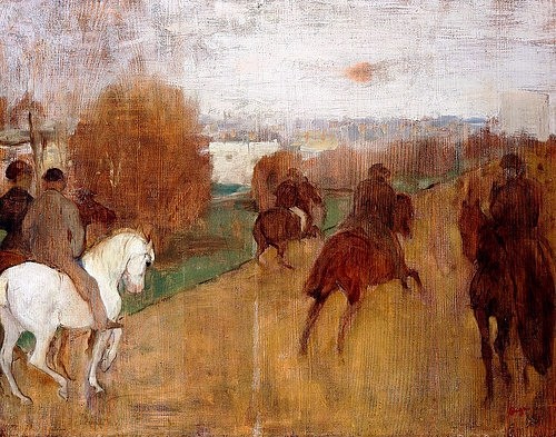 Edgar Degas, Reiter auf einer Landstraße (Cavaliers sur une Route). 1864-68 (Degas,Edgar,1834-1917,Christie's Images Ltd,Öl auf Holz,19. Jahrhundert,Impressionismus,Edgar Degas,braun,galoppieren,Galopp,Reiter,Pferde,Schimmel,reiten,Tiere,Weg,von hinten,Ausritt,ausreiten,Straße,Landstraße, französischer impressionismus,französisch,)