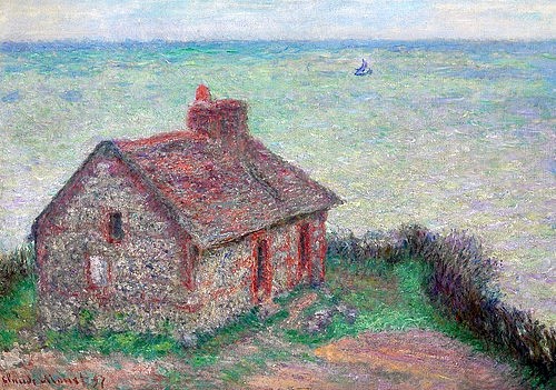 Claude Monet, La maison du Douanier, effet rose. 1897. (Öl auf Leinwand,Christie's Images Ltd,Monet,Claude,1840-1926,monet,claude monet,impressionismus,impressionistisch,landschaft,frankreich,französisch,meer,küste,haus,hütte)