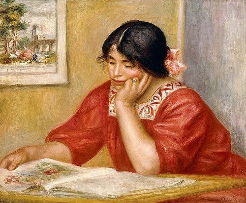 Pierre-Auguste Renoir, Leontine beim Lesen (Leontine Lisant). 1909 (Portrait, Frau, Lesende, Zeitung, Interieur, rotes Kleid, Impressionismus, klassische Moderne, Wunschgröße, Wohnzimmer, Malerei)