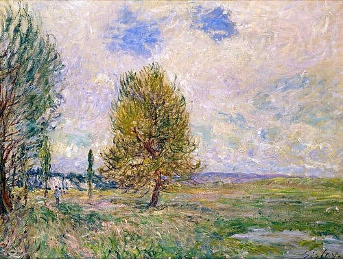 Alfred Sisley, Felder bei Veneux-Nadon. 1881 (Sisley,Alfred,Christie's Images Ltd,1839-1899,Öl auf Leinwand,Alfred Sisley,19. Jahrhundert,Frankreich,Impressionismus,impressionistisch,Natur,Landschaft,Veneux Nadon,Wiese,Pfütze,Baum,windig,sonnig,bewölkt,Weite,Ebene,Himmel,Wolkenlücke,Frühling)