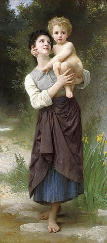 William Adolphe Bouguereau, Bruder und Schwester (Frère et s?ur). 1887 (Bouguereau,William Adolphe,1825-1905,Christie's Images Ltd,Öl auf Leinwand,19. Jahrhundert,William Adolphe Bouguereau,kleiner Bruder,Schwester,umarmen,auf dem Arm halten,barfuß,Junge,junge Frau,nackt,Kleinkind,lächeln,heile Welt)