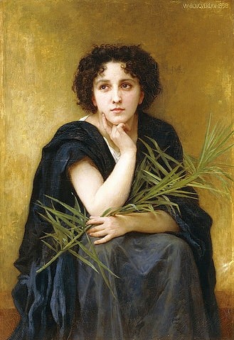 William Adolphe Bouguereau, Kontemplation. 1898 (Bouguereau,William Adolphe,1825-1905,Christie's Images Ltd,Öl auf Leinwand,19. Jahrhundert,William Adolphe Bouguereau,Frau,Kontemplation,meditativ,Meditation,gold,schwarz,goldener Hintergrund,Kopf aufgestützt,nachdenklich,Blick in die Ferne,sitzend,ernst,)