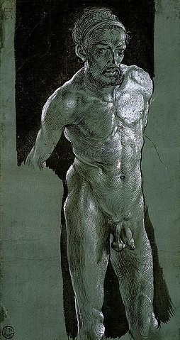 Albrecht Dürer, Selbstbildnis. Ca. 1503. (Tinte,auf Papier,Weimar,Schlossmuseum,Dürer,Albrecht,1471-1528,dürer,albrecht dürer,zeichnung,selbstporträt,nackt,akt,aktdarstellung,mann,portrait)
