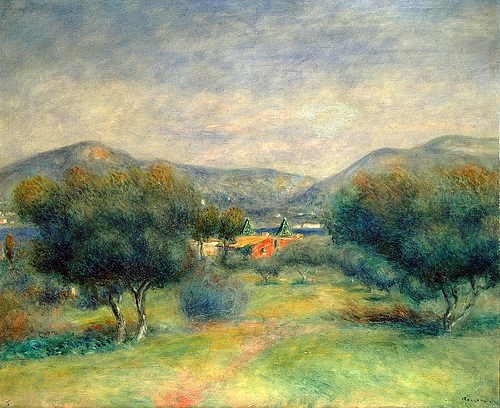 Pierre-Auguste Renoir, Landschaft bei Toulons. (Landschaft, Landschaftsmalerei, Frankreich, Hügel, Wiesen, Bäume, Impressionismus, klassische Moderne, Wunschgröße, Wohnzimmer, Malerei)