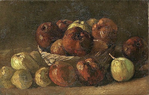 Vincent van Gogh, Stillleben: Korb mit Äpfeln. 1885. (Stillleben, Korb, Obstkorb, Früchte, Äpfel, Birnen, Herbst, Klassische Moderne, Esszimmer, Impressionismus, Wohnzimmer, Treppenhaus, Wunschgröße, bunt)