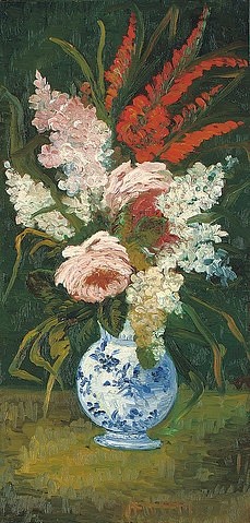 Vincent van Gogh, Stillleben: Vase mit Gladiolen und Flieder. 1886. (Stillleben, Blumen, Gladiolen, Flieder, Rosen, Vase, Klassische Moderne, Impressionismus, Wohnzimmer, Treppenhaus, Esszimmer, Wunschgröße, bunt)