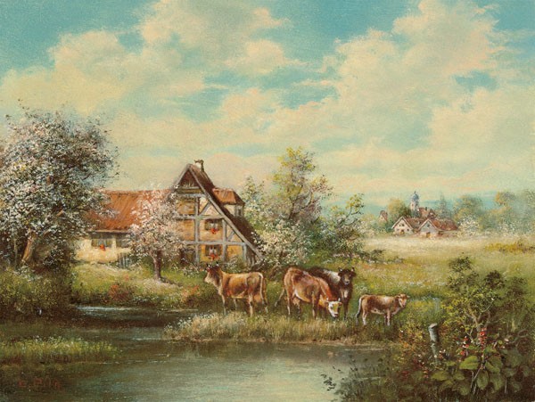 Pila, FRÜHLING (Landschaft, Landschaftsmalerei, Bauernhof, Teich, Rinder, Nostalgie, Jahreszeiten, Frühling, Wunschgröße, Malerei, Wohnzimmer)