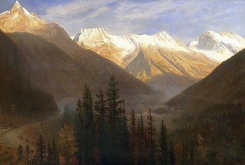 Albert Bierstadt, Sonnenaufgang über dem Gletscher. Um 1890 (Christie's Images Ltd,Bierstadt,Albert,1830-1902,Öl auf Leinwand,19. Jahrhundert,Landschaft,auf Holz geheftet,Albert Bierstadt,Amerika,amerikanisch,Berge,Bergkette,Gletscher,sonnenbeschienen,Sonnenaufgang,Morgen,majestätisch,Schnee,schneebedeckt,Nebel,Tal)