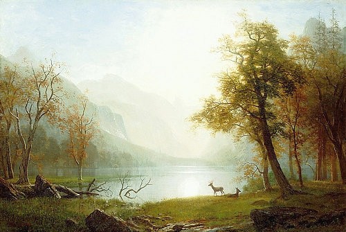 Albert Bierstadt, Tal im King's Canyon. (Christie's Images Ltd,Bierstadt,Albert,1830-1902,Öl auf Leinwand,19. Jahrhundert,Landschaft,Albert Bierstadt,Erhabenheit,das Erhabene,sublim,Natur,niemand,Berge,Morgen,Morgendämmerung,Wild,Rehe,Rotwild,See,Licht,Sierra Nevada,Amerika,Nationalpark,Stille,s)