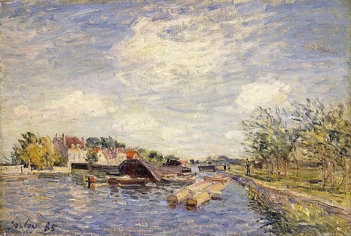 Alfred Sisley, Am Ufer des Loing. 1885 (Landschaft, Landschaftsmalerei, Sommer, Fluss, Boote, Frankreich, Idylle, Wohnzimmer, Treppenhaus, Impressionismus, Klassische Moderne, Malerei, Wunschgröße, bunt)