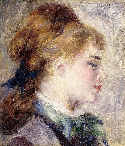 Pierre-Auguste Renoir, Porträt von Nina Lopez (Blonde im Profil). 1876 (Portrait, Profil, Nina  Lopez,junge Frau,  Hochsteckfrisur, Nini-Gueule-de-Raie, Impressionismus, klassische Moderne, Wunschgröße, Wohnzimmer, Malerei)