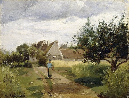 Camille Pissarro, Dorfeingang (Entrée d'un Village). Um 1863 (Landschaft,Impressionismus,Pissarro,Camille,1830-1903,19. Jahrhundert,Öl auf Leinwand,Christie's Images Ltd,Camille Pissarro,Häuser,Dorf,vor dem Dorf,Bäuerin,Weg,Eingang,ländlich,auf dem Land,Landstraße,Zufahrt,Zufahrtsweg,Baum, französischer impressionis)