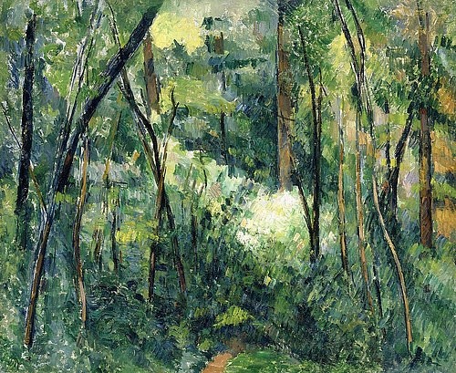 Paul Cézanne, Unterholz (Sous-bois). Um 1885 (Cézanne,Paul,1839-1906,Christie's Images Ltd,Öl auf Leinwand,19. Jahrhundert,Paul Cezanne,grün,Unterholz,Dickicht,Gestrüpp,Unterwuchs,Wald,niemand,Baum,Baumstämme,Zweige,Natur)