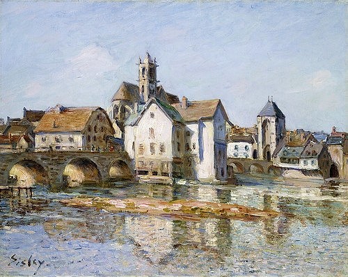 Alfred Sisley, Die Brücke von Moret. 1892 (Landschaft, Landschaftsmalerei, Brücke, steinerne Brücke, Fluss, Viadukt, Loing, Gebäude, Stadt, Wohnzimmer, Treppenhaus, Impressionismus, Klassische Moderne, Malerei, Wunschgröße, bunt)