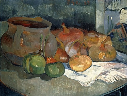 Paul Gauguin, Stilleben mit Koloquinten (Nature Morte aux Colquintes). 1889 (Stillleben,Gauguin,Paul,1848-1903,19. Jahrhundert,Öl auf Leinwand,Christie's Images Ltd,Paul Gauguin,Bitterzitrulle,tropisch,Knolle,Knollen,Kürbisgewächs,Koloquinten,Koloquinte,exotisch,Kessel,Gefäß,Krug,Henkelkrug,braun,Brauntöne,erdig,Zwiebeln,Tisch,Tis)