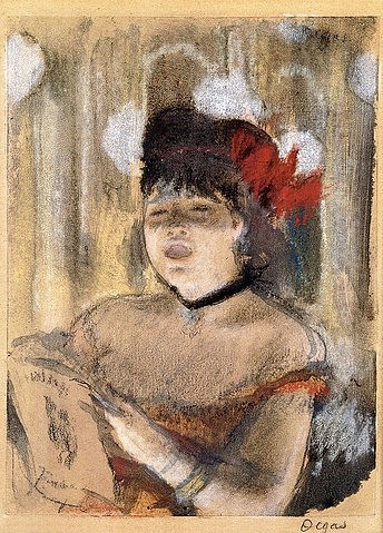 Edgar Degas, Mademoiselle Dumay, Sängerin. Um 1879 (Degas,Edgar,1834-1917,Christie's Images Ltd,Pastell über Monotypie,19. Jahrhundert,Impressionismus,auf Papier,Edgar Degas,vertieft,Frau,Sängerin,Musik,singen,vortragen,Brustbild,offener Mund,geschlossene Augen,schulterfrei,Oper,Mademoiselle Dumay,Pastell,)