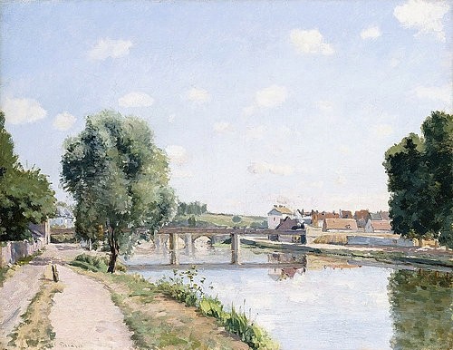 Camille Pissarro, Die Eisenbahnbrücke in Pontoise. Um 1873 (Impressionismus,Pissarro,Camille,1830-1903,19. Jahrhundert,Öl auf Leinwand,Christie's Images Ltd,Camille Pissarro,Eisenbahnbrücke,Brücke,Pontoise,Weg,Fluss,blauer Himmel,friedlich,Ruhe,ruhig,warm,impressionistisch, französischer impressionismus)
