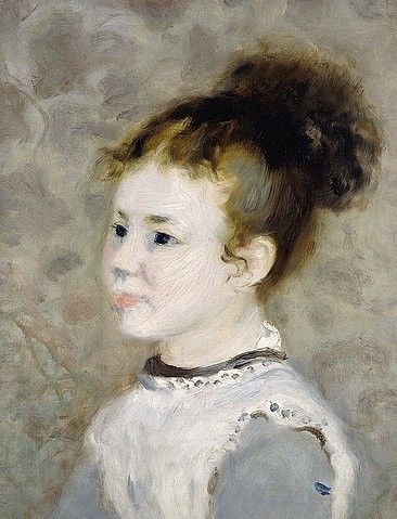 Pierre-Auguste Renoir, Porträt von Jeanne Sisley. 1875 (Kind, Kinderbildnis, Portrait, Mädchen, Jeanne Sisley, Locken, Pferdeschwanz, Impressionismus, klassische Moderne, Wunschgröße, Wohnzimmer, Malerei)