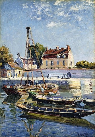 Alfred Sisley, Die Barken. 1885 (Hafen, Fischerboote, Kahn, Kaimauer, maritim, Frankreich, Idylle, Wohnzimmer, Treppenhaus, Impressionismus, Klassische Moderne, Malerei, Wunschgröße, bunt)