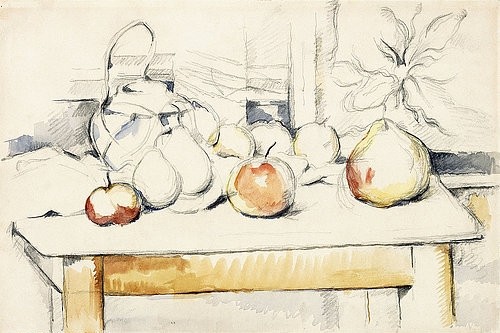 Paul Cézanne, Ingwertopf und Früchte auf einem Tisch (Pot de gingembre et fruits sur une table). 1888-90 (Aquarell über Bleisift auf Papier,Stillleben,Cézanne,Paul,1839-1906,19. Jahrhundert,Christie's Images Ltd,Paul Cezanne,Bleistift,Aquarell,Zeichnung,Tisch,Apfel,Birne,Ingwertopf,Gefäß,koloriert)