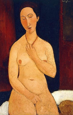 Amadeo Modigliani, Sitzender Akt mit Halskette. 1917 (20. Jahrhundert,Öl auf Leinwand,Christie's Images Ltd,1884-1920,Modigliani,Amadeo,Amadeo Modigliani,Brust,Frau,Scham,verlegen,geschlossene Augen,Akt,weiblicher,weiblich,Kette,sitzen,nackt)