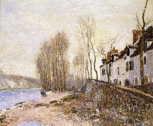 Alfred Sisley, Saint Mammes, la Croix-Blanche. 1884 (Fluss, Loing, Gebäude, Landschaft, Pappeln, Bäume, Landschaftsmalerei, Frankreich, Wohnzimmer, Treppenhaus, Impressionismus, Klassische Moderne, Malerei, Wunschgröße, bunt)