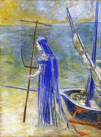 Odilon Redon, Die Fischerin. 1900 (Symbolismus, Figurativ, Frau, Fischerin, Fischernetz, Boot, Strand, Anker,  mystisch, Treppenhaus, Wohnzimmer, Wunschgröße, klassische Moderne, Malerei, bunt)