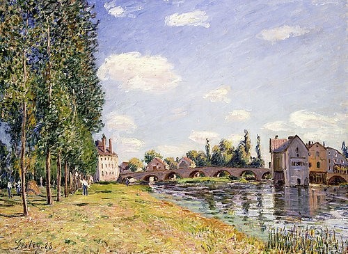 Alfred Sisley, Die Brücke von Moret im Sommer. 1888 (Landschaft, Landschaftsmalerei, Brücke, steinerne Brücke, Fluss, Flussufer, Mühle, Jahreszeit, Viadukt, Loing, Gebäude, Wohnzimmer, Treppenhaus, Impressionismus, Klassische Moderne, Malerei, bunt)