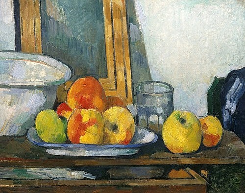 Paul Cézanne, Stillleben mit offener Schublade (Nature Morte au Tiroir Ouvert). Um 1879-82 (Stillleben, Obst, Früchte, Glas, Teller,  Äpfel, Bilderrahmen, Schüssel,  Wunschgröße, Klassiker, Impressionismus, Wunschgröße, Wohnzimmer, Esszimmer)