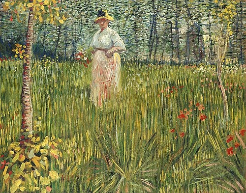 Vincent van Gogh, Frau in einem Garten (Femme dans un Jardin). 1887 (Garten, Natur, Gräser, Frau, Blumen pflücken, Wiese, Sommer,  Klassische Moderne, Impressionismus, Wohnzimmer, Treppenhaus, Wunschgröße, bunt)