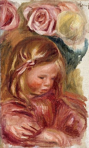 Pierre-Auguste Renoir, Studie, Coco inmitten von Rosen. (Portrait, Kind, Mädchen, Kind, Coco, Rosen, Studie, rosige Wangen, lieblich, Impressionismus, klassische Moderne, Wunschgröße, Wohnzimmer, Malerei)