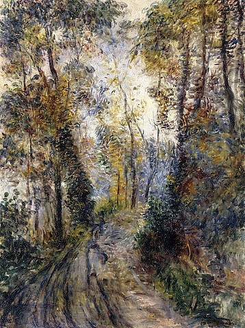 Pierre-Auguste Renoir, Der Waldweg (Le Chemin dans la Forêt). 1871 (Landschaft, Landschaftmalerei, Wald, Waldweg, Bäume, Natur, Impressionismus, klassische Moderne, Wunschgröße, Wohnzimmer, Malerei)