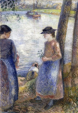 Camille Pissarro, Am Ufer (Au Bord de l'Eau). 1881 (Pissarro,Camille,1830-1903,Christie's Images Ltd,Gouache/Bleistift,19. Jahrhundert,Impressionismus,auf Seide,auf Karton aufgelegt,Camille Pissarro,Boot,Frau,Frauen,Gouache,draußen,Baumstamm,Wasser,Ufer,Blumensträußchen,warten,Sonntag,Stehende,Zweig, franz)