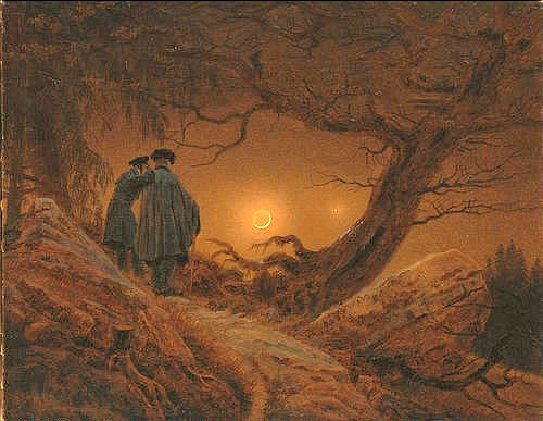 Caspar David Friedrich, Zwei Männer in Betrachtung des Mondes. 1819/1820. (Landschaft, Landschaftsmalerei, Spaziergänger, Männer, Freunde, Gespräch, Nachtszene, Mond, Betrachtung, Bäume, knorrig, Klassiker, Wohnzimmer, Schlafzimmer, Malerei, Romantik, Wunschgröße, bunt)
