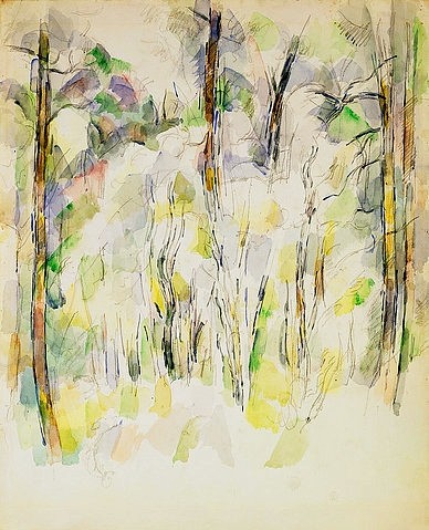 Paul Cézanne, Unterholz (Sous-bois). Um 1900-04 (Cézanne,Paul,1839-1906,Christie's Images Ltd,Aquarell über Bleisift auf Papier,19. Jahrhundert,Paul Cezanne,Blätter,Laub,Skizze,Aquarell,Bäumchen,zart,Bäume,Stämme,Wäldchen,Natur,Naturstudie)